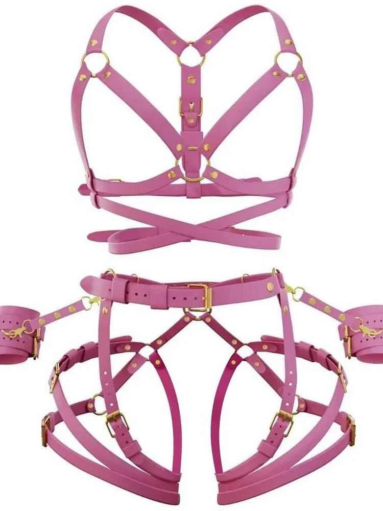 pornhint Pornhint Dark Pink Leather Bondage set, Leather Harnesses for Women, Open Bra, Butt Harness, Pink Garters, Rave Costume, Yellow Leather Lingerie leather harness women