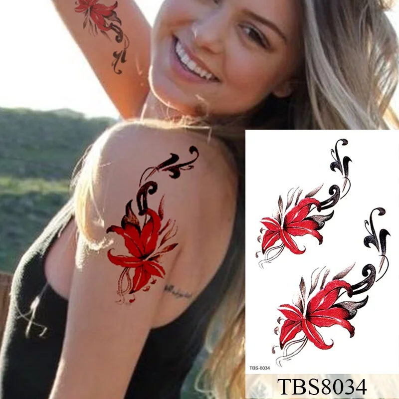 Waterproof Temporary Tattoo Sticker Flower Peony Rose Sketches Flash Tattoos Black Henna Body Art Arm Fake Tatoo Women Men
