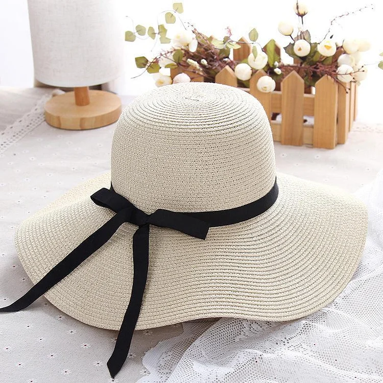 Women Summer Casual Solid Straw Hat With Bow-knot