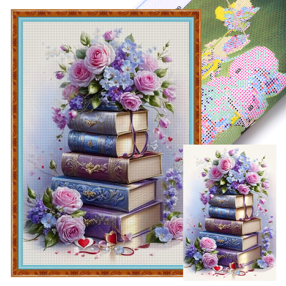 Books Pile Flowers Full 11CT Pre-stamped Canvas(40*60cm) Cross Stitch