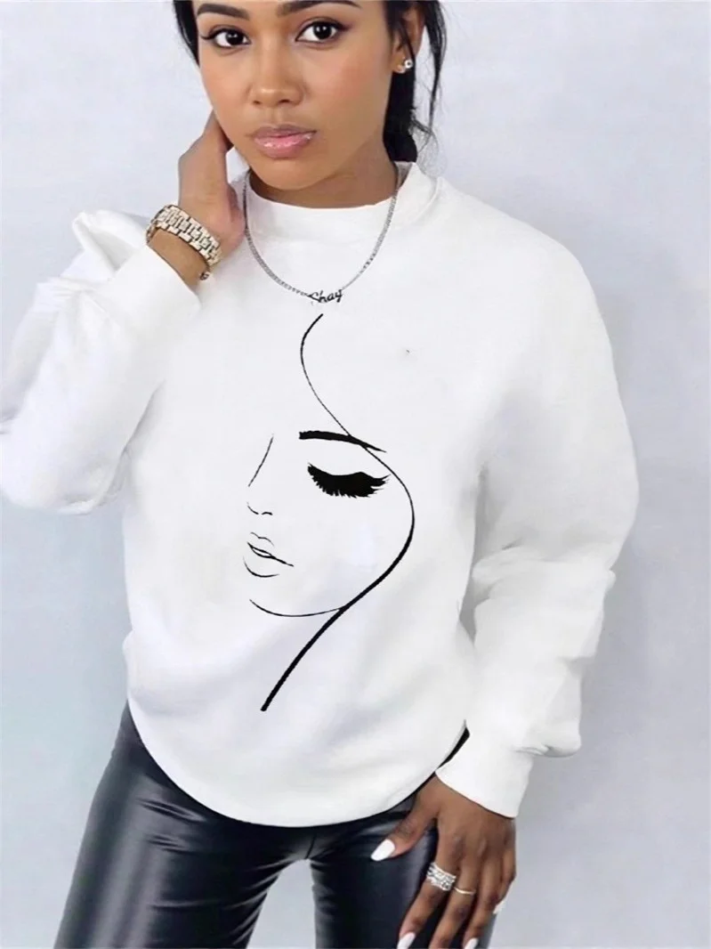 Athvotar Athvotar Spring And Autumn New Women's Fashion Face Printed Round-Neck White Dress