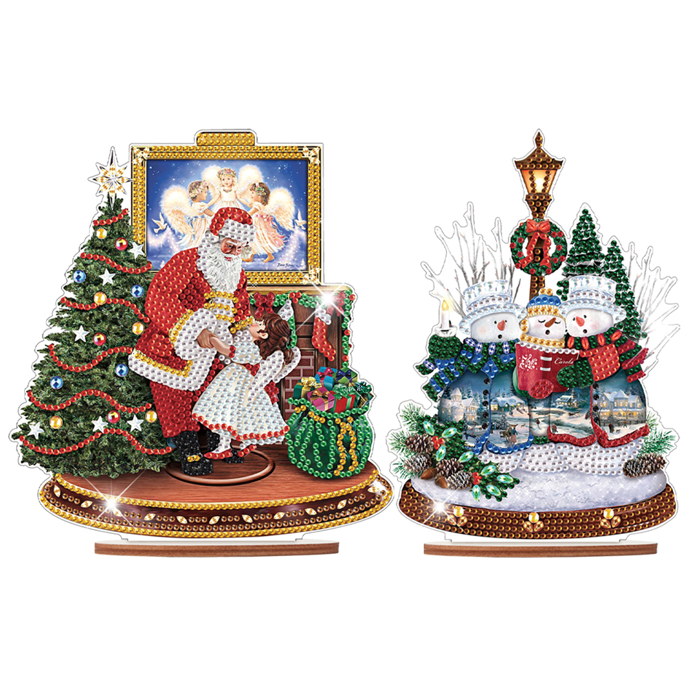 2 PCS Wooden Christmas Santa Xmas Snowman Diamond Painting Desktop Ornaments Kit gbfke