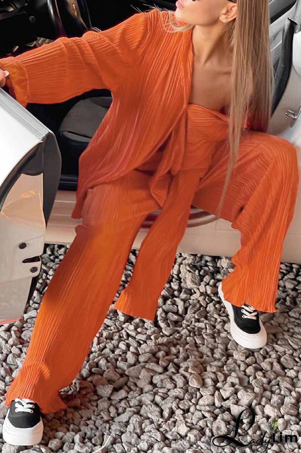 Deep Pink Casual Solid Patchwork Buckle Fold Turndown Collar Long Sleeve Two Pieces