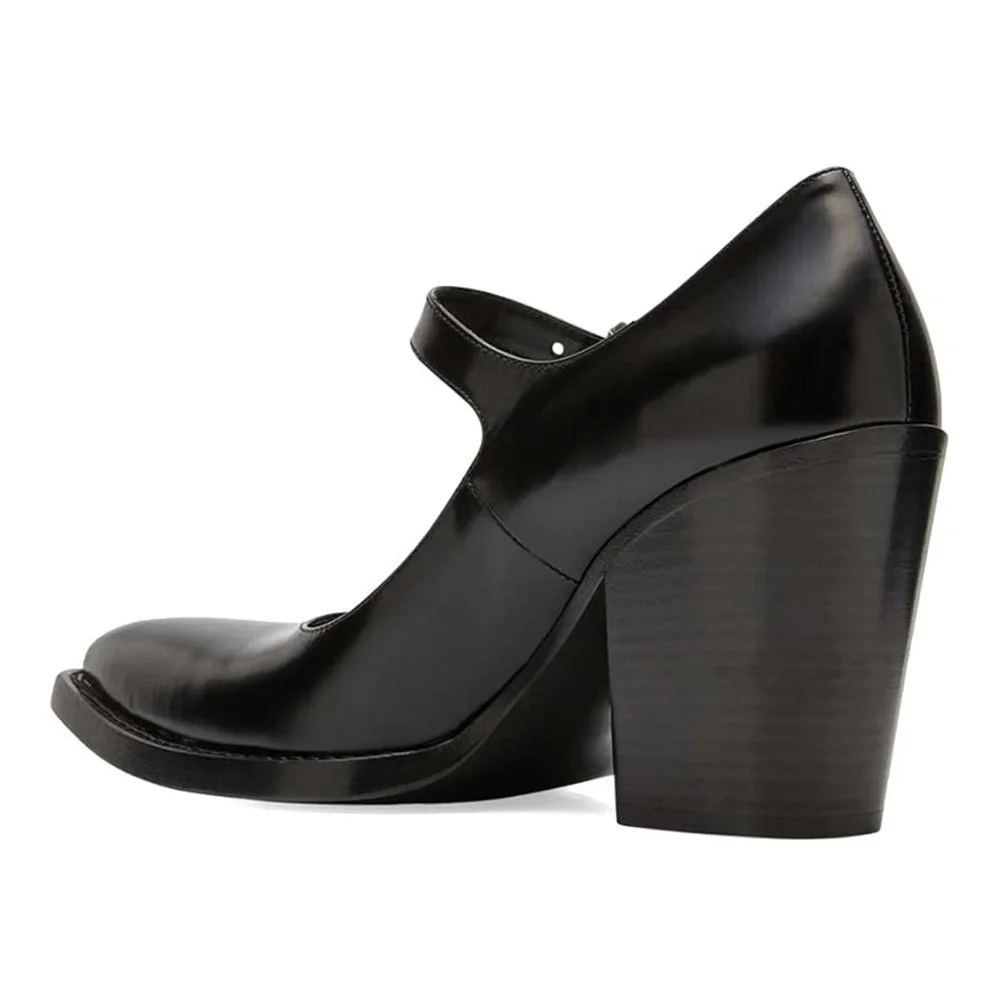 Chic Black Pointed Toe Chunky Heel Buckle Strap Mary Jane Pumps
