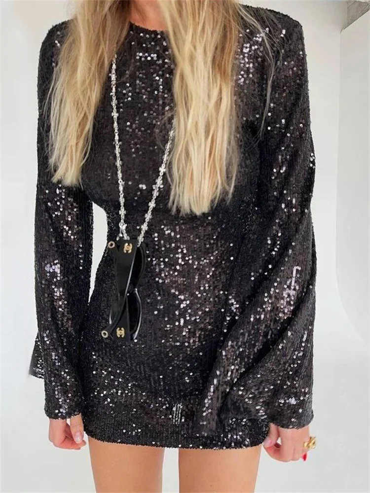 Oocharger Sequin Fashion Autumn Mini Dress Female Glitter See-Through Long Sleeve Elegant Club Party Dress Sparkle Ladies Dress 2024