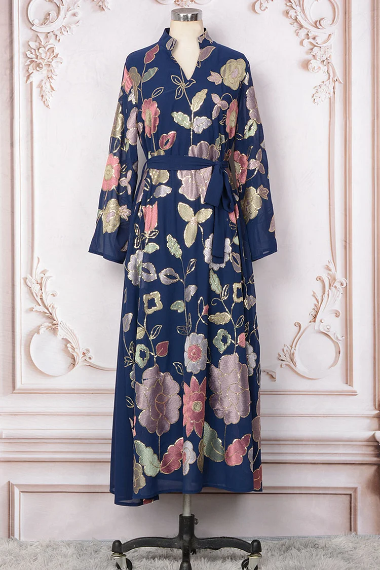 Flower Sequins Embroidery Stand Collar Tied Up Patchwork Maxi Dresses