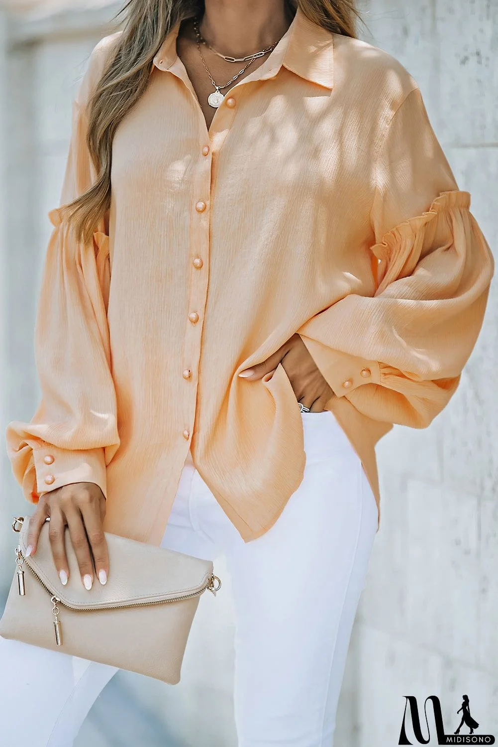 MidiSono - Ruffled Patchwork Bubble Sleeve Loose Shirt
