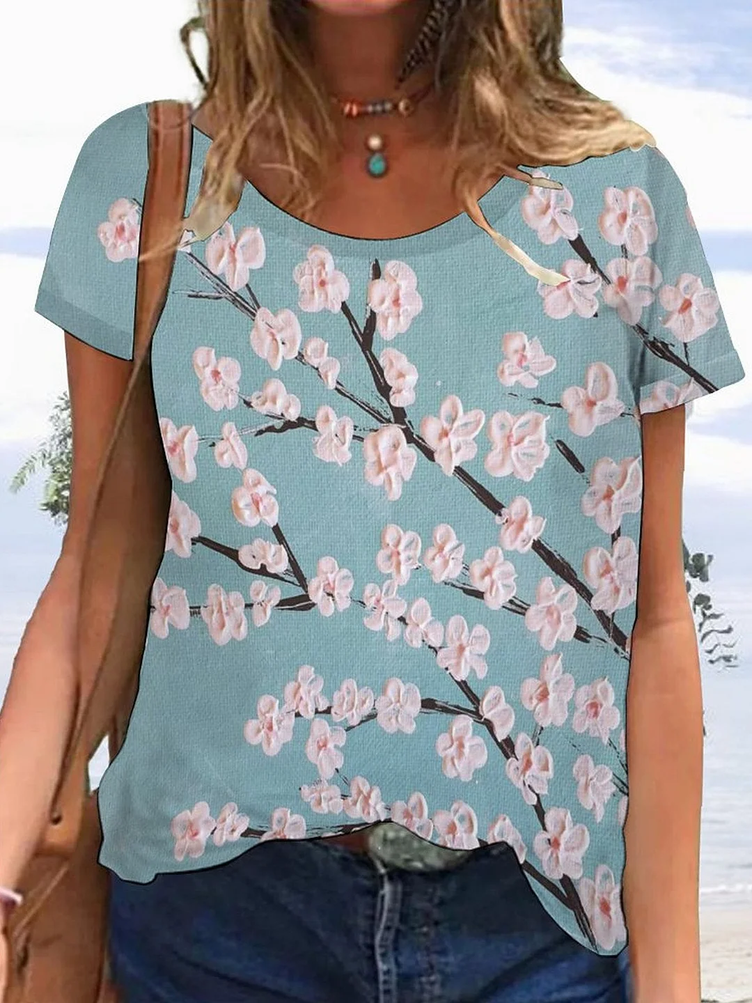 Women's Scoop Neck Short Sleeve Green Floral Printed Top