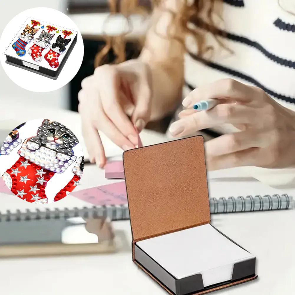 5D DIY PU Diamond Art Note Box with 160 Sheets Paper Mosaic Kit (Kitty Socks)