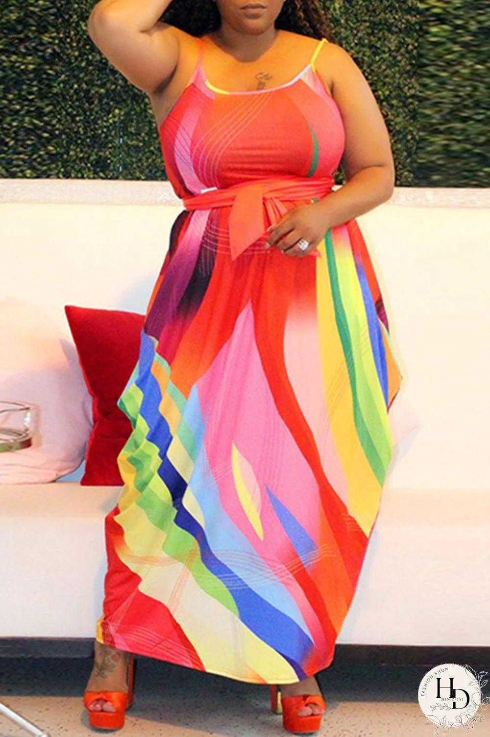Rainbow Color Fashion Sexy Plus Size Print Backless Spaghetti Strap Sleeveless Dress