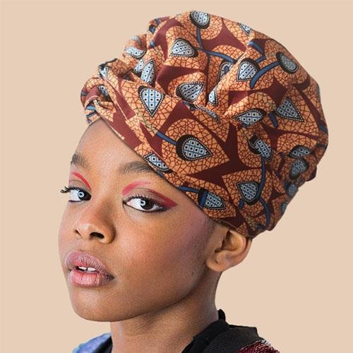 African Print Head Wrap With Satin-Lined For Girls(Orange Leaves)-AW3971