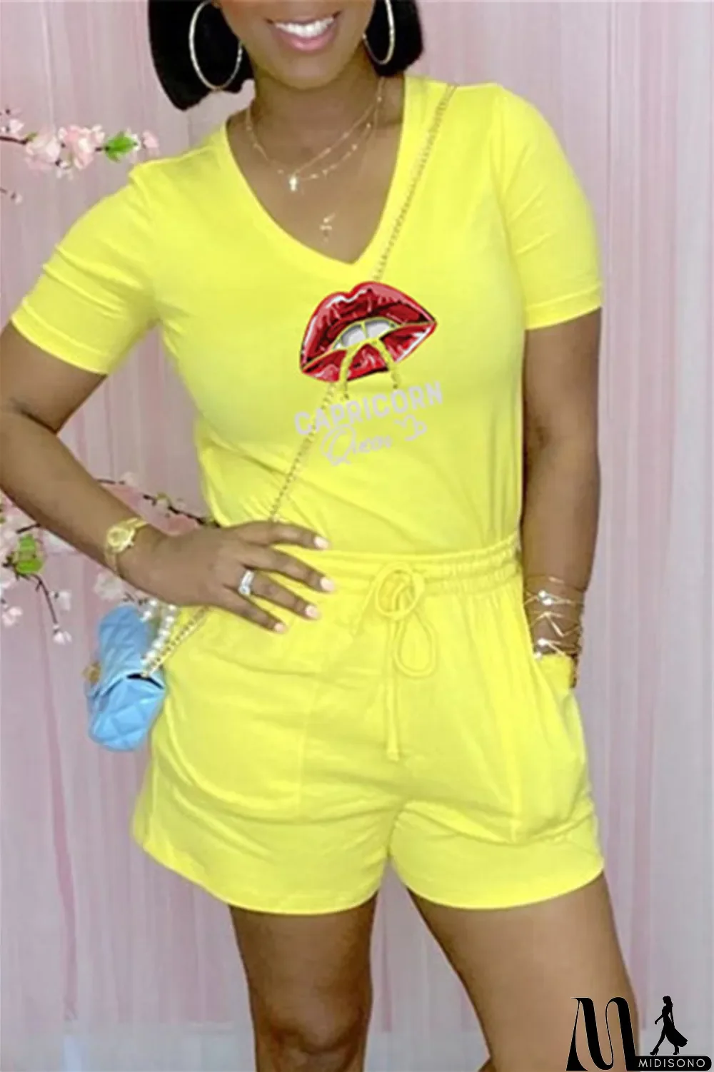 MidiSono - Rose Red Fashion Casual Lips Printed Basic V Neck Short Sleeve Two Pieces