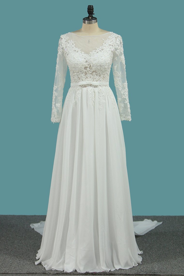 Long Sleeves Bateau Chiffon Long Wedding Dress With Ruffles - lulusllly