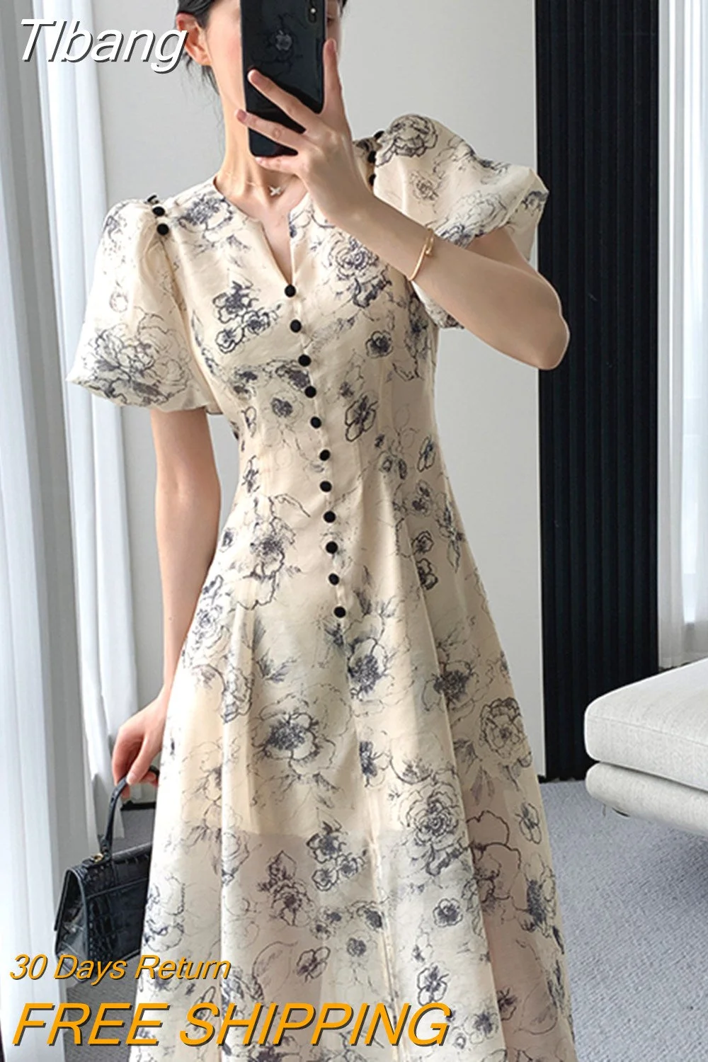 Tlbang Women's Elegant Casual Floral Print Mid-length Party Dress Office Slim Retro A-line Prom Beach Fashion Bubble Sleeve Long Dress