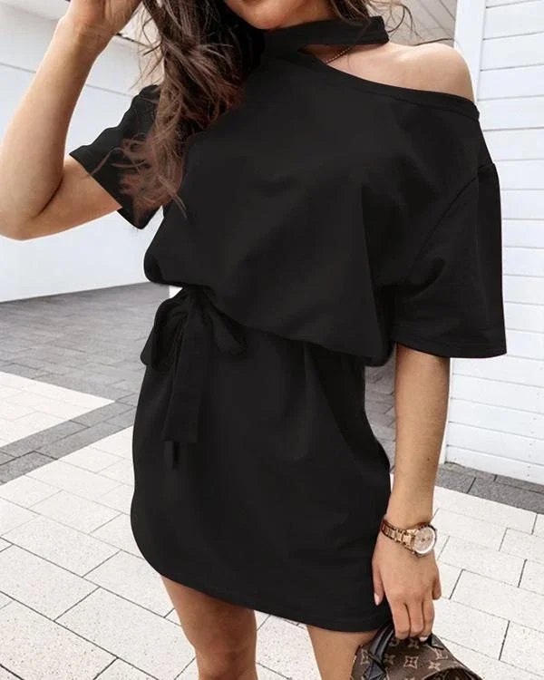 lace up cutout design black mini dress p148557
