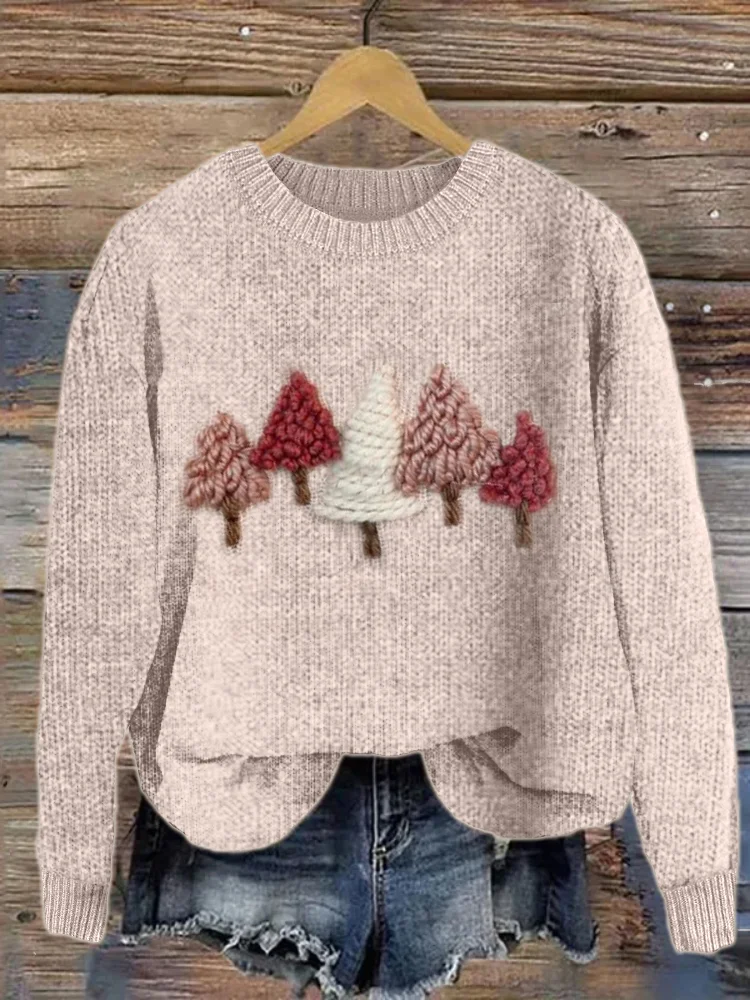 Pink Christmas Trees 3D Knit Art Cozy Sweater