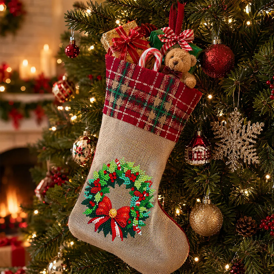 DIY Diamond Painting Christmas Stockings Hanging Ornaments Large Capacity Xmas Socks Pendant Wear Resist Candy Gift Storage Bags for Family Christmas Holiday Party Decoration (Christmas wreath)
