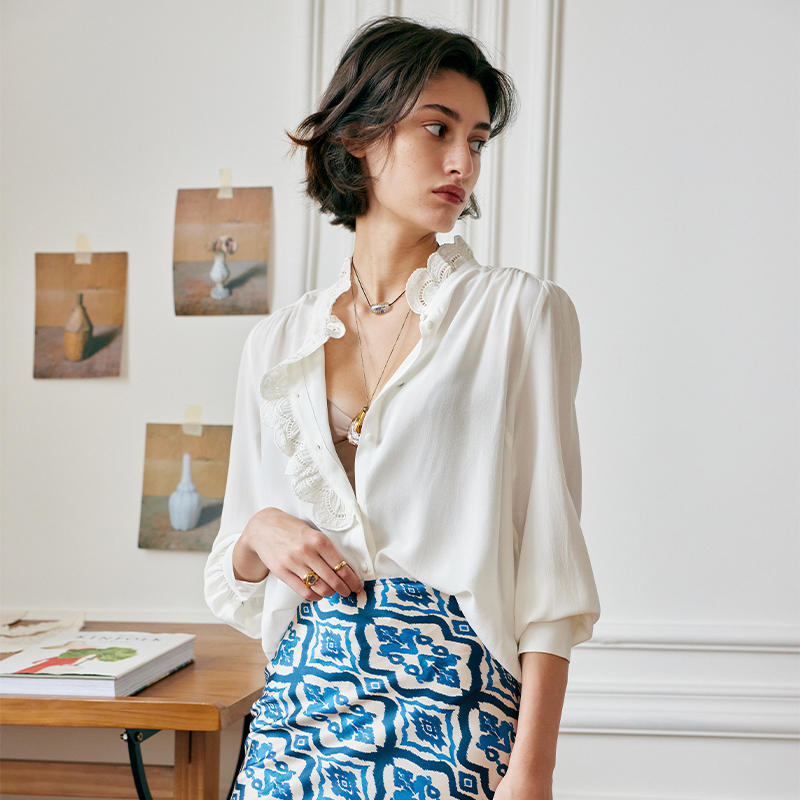 Lace Silk Shirt Solid Silk Top