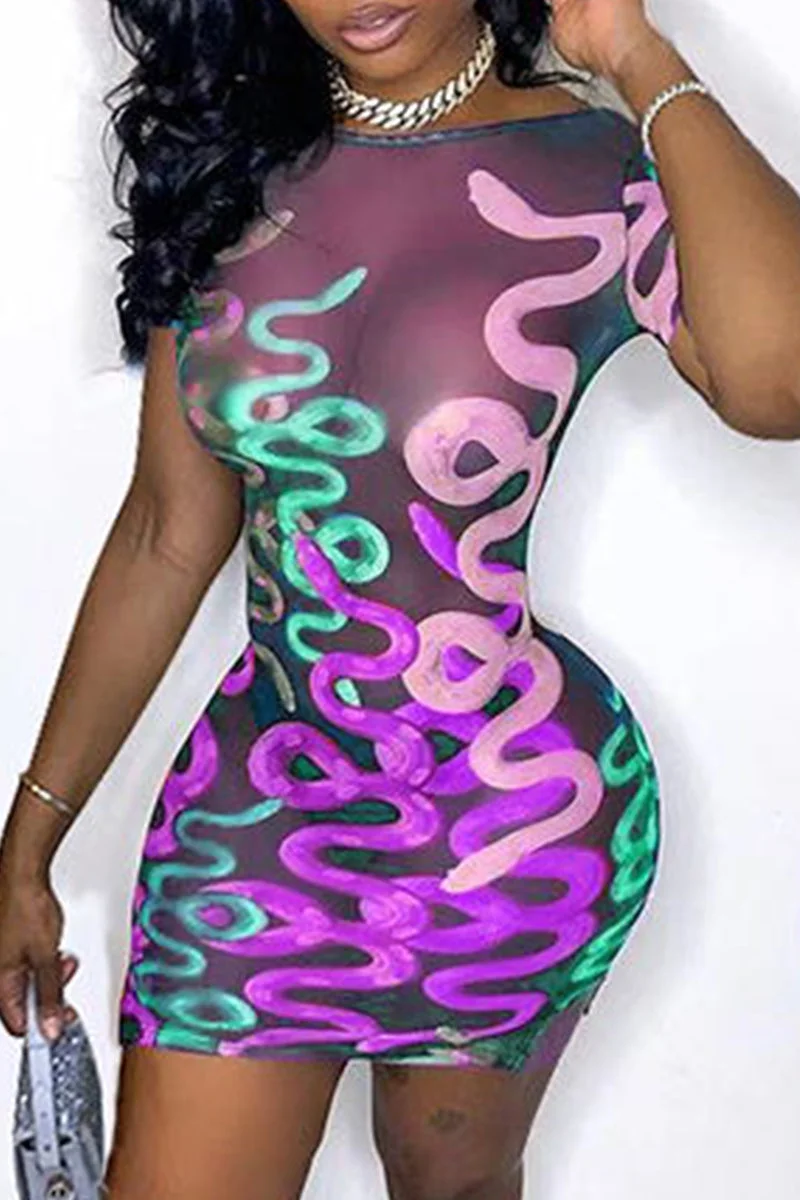 Fashion Sexy Print See-through Backless O Neck Long Sleeve Dresses