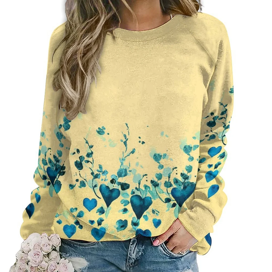 Printed Long Sleeve Casual Sweatshirt for  Women and Men Unisex Pattern Blue, Yellow, Floral