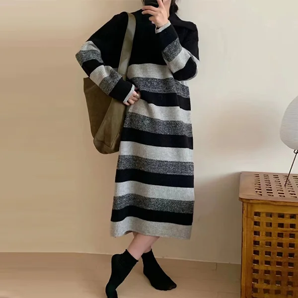 気質アップ ストライプ柄 切り替え ゆったり カジュアルワンピース