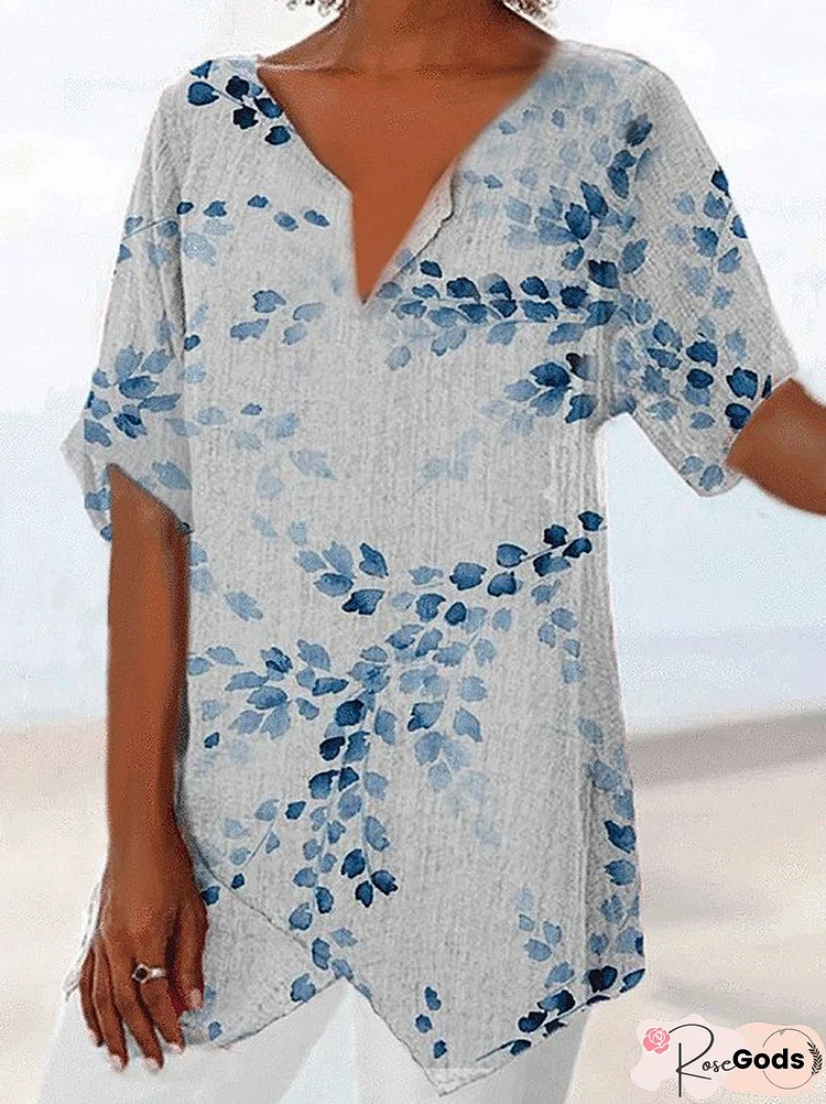 Fashion Leaf Print V-Neck Short-Sleeved Cotton and Linen Blouse