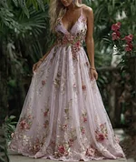 Women's Pink Rose Embroidery Art Suspender Maxi Dress - Image 6