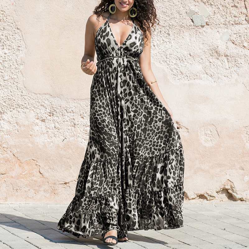 Female Leopard Print Beach Sexy Suspender Dress-vocosishoes
