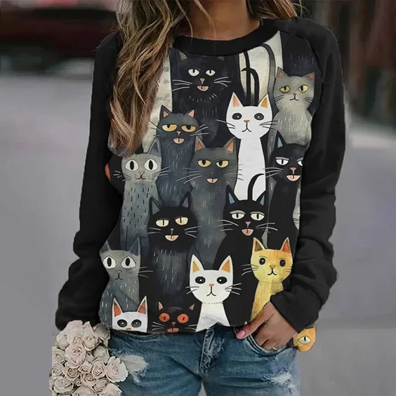 Wearshes Women's Cute Cats Drawing Pattern Printed Raglan Sweatshirt