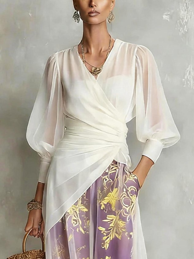 Urban Plain Ruched V Neck Blouse mysite idetrend