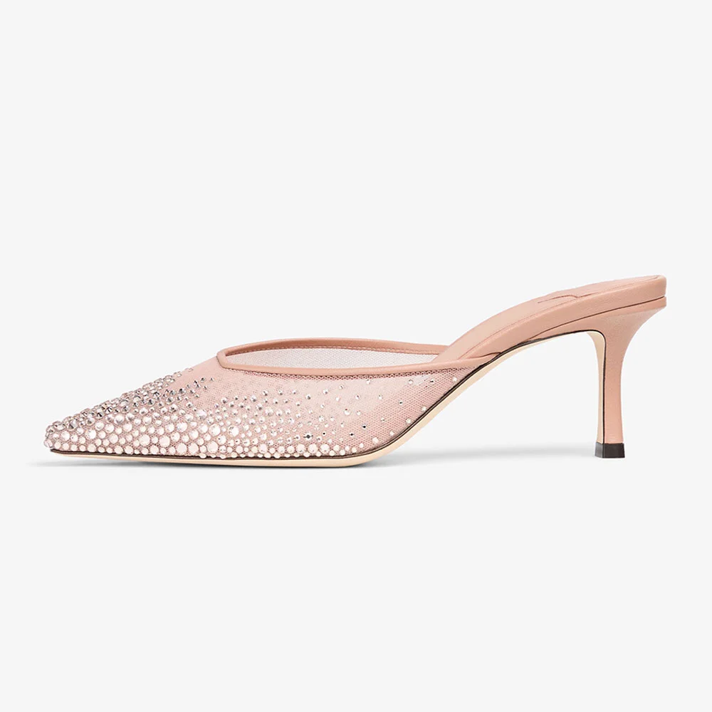 Closed Pointed Toe Stiletto Heel Rhinestone Women's Mules Shoes in Pink