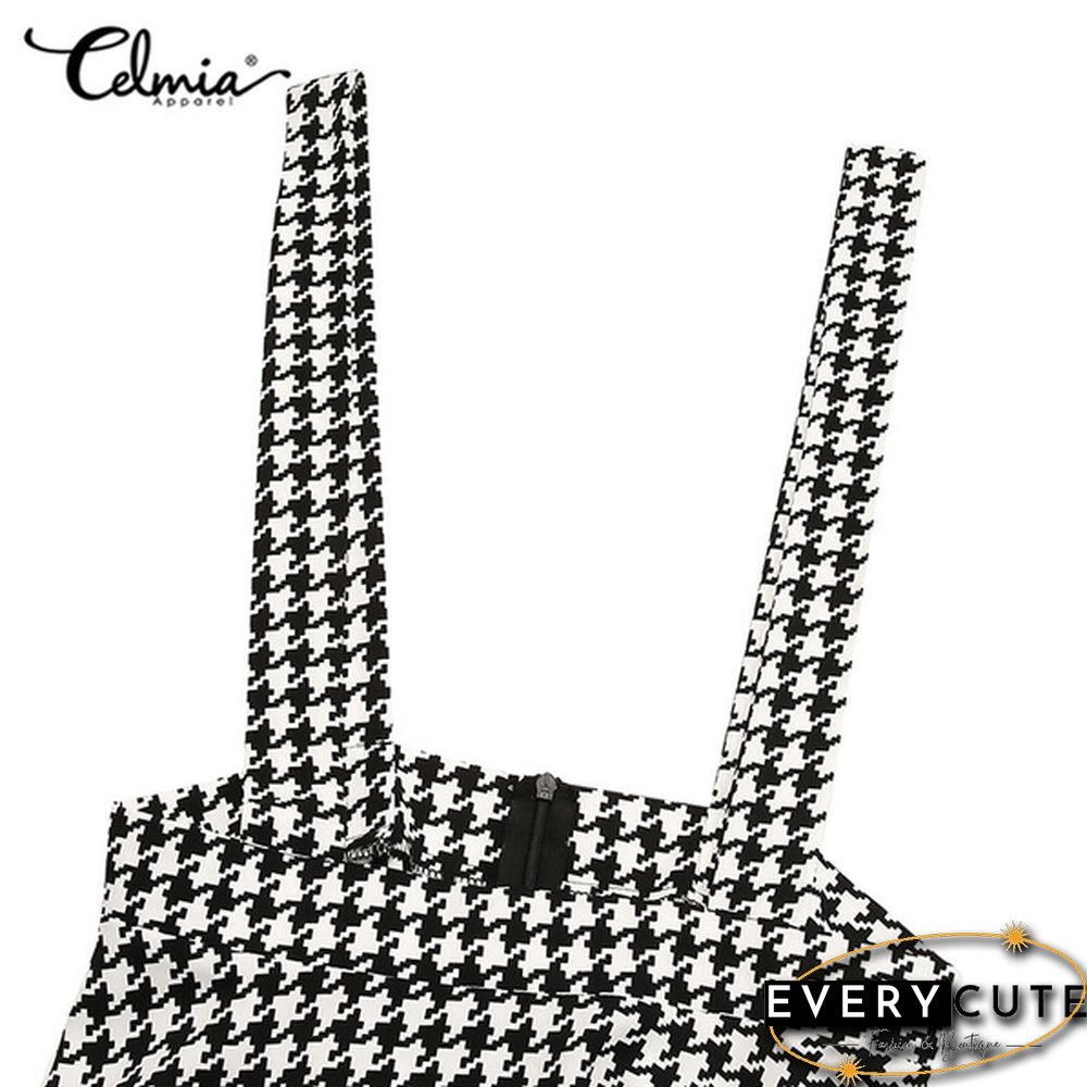 Summer Women Plaid Loose Swing Strap Skirt Dress Casual Suspender Skirt Plus Size