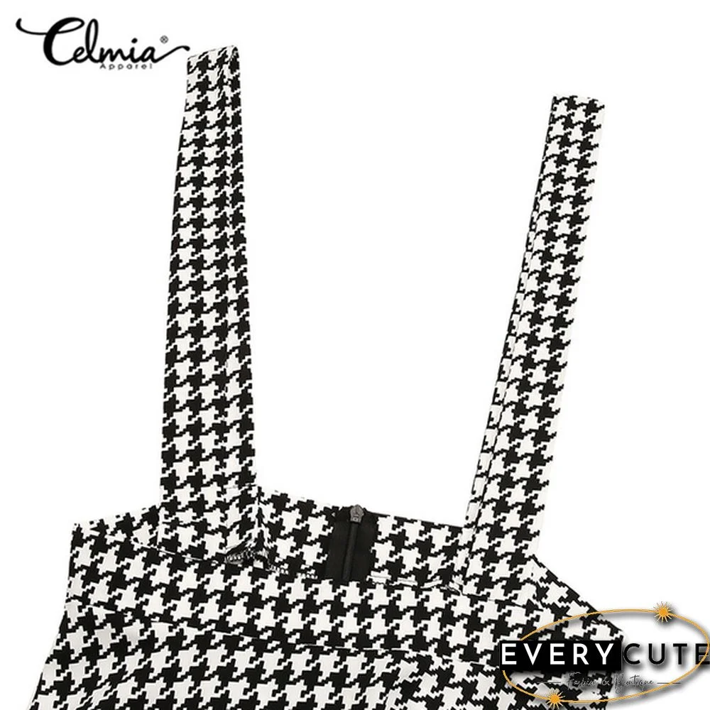 Summer Women Plaid Loose Swing Strap Skirt Dress Casual Suspender Skirt Plus Size