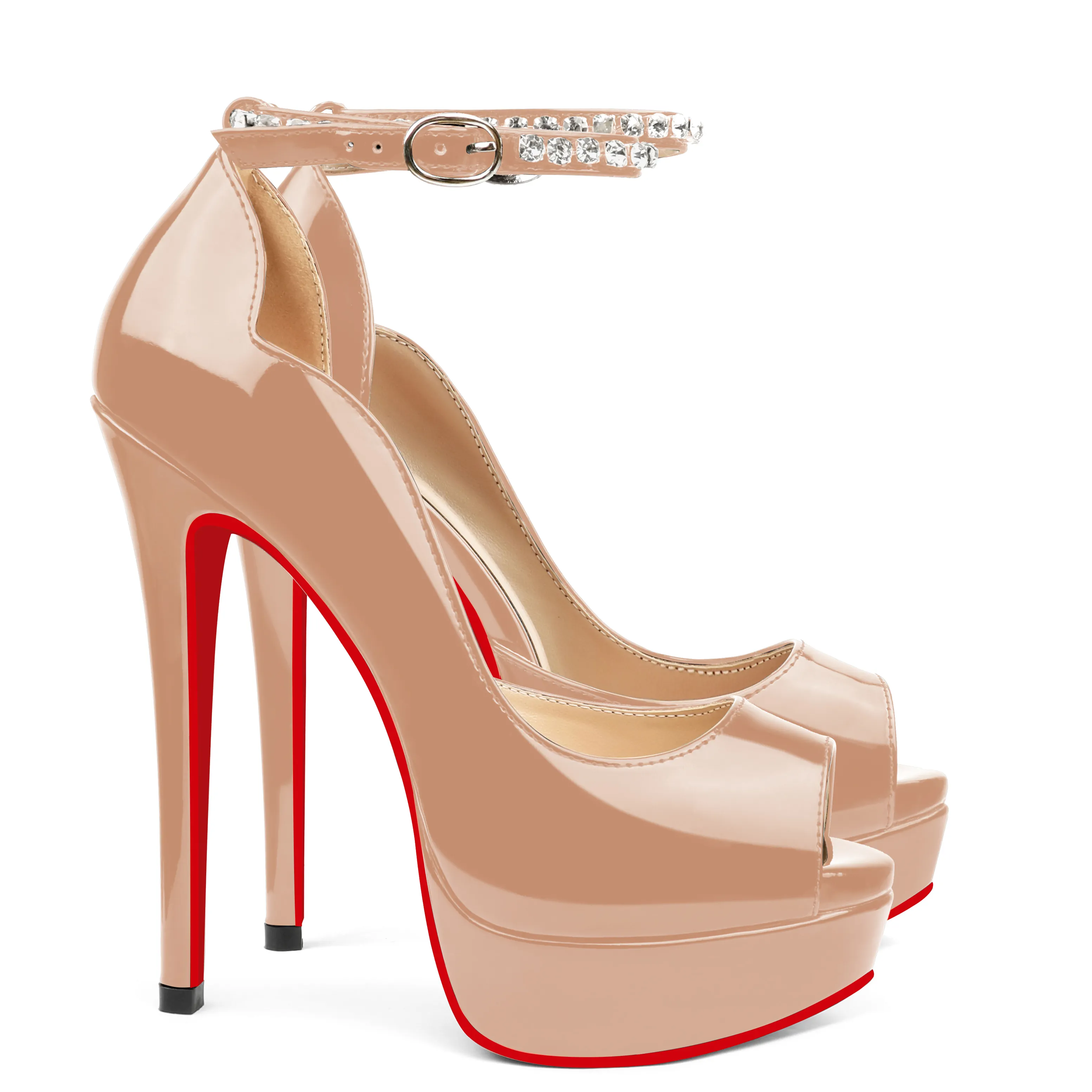 150mm Red Bottom Stiletto Party High Heel Open Toe Platform Diamond Strap Pumps-vocosishoes