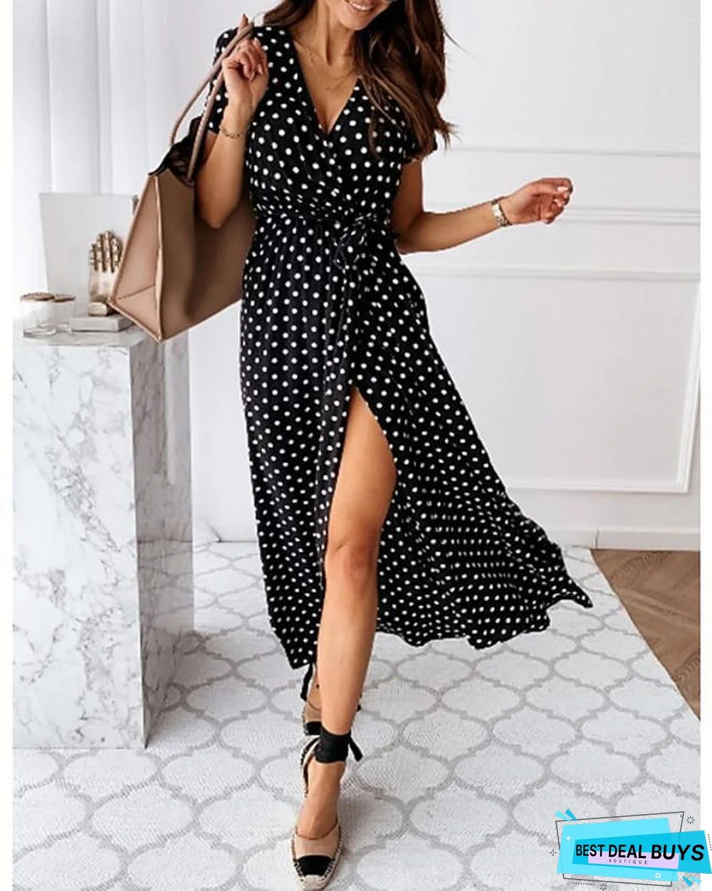 Women's Wrap Dress Maxi Long Dress - Short Sleeve Polka Dot Print Summer V Neck Hot Casual Sexy Black Blue Blushing Pink Dark Green Black Dresses