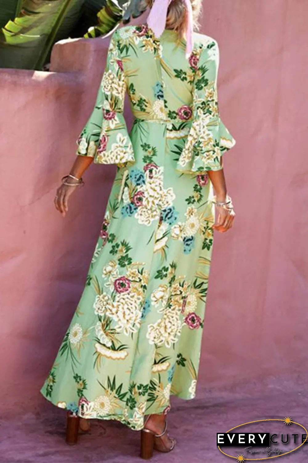 Casual Print Split Joint V Neck Printed Dress Dresses（3 Colors）
