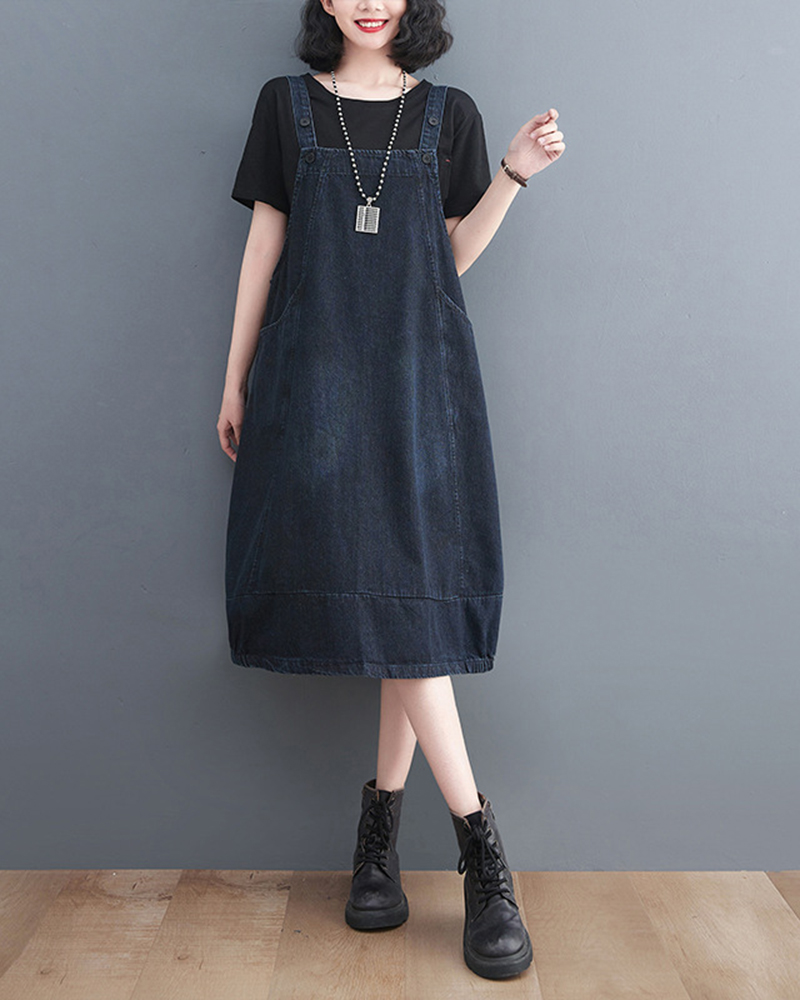 Wide Shoulder Strap Front Pockets Denim Midi Dress