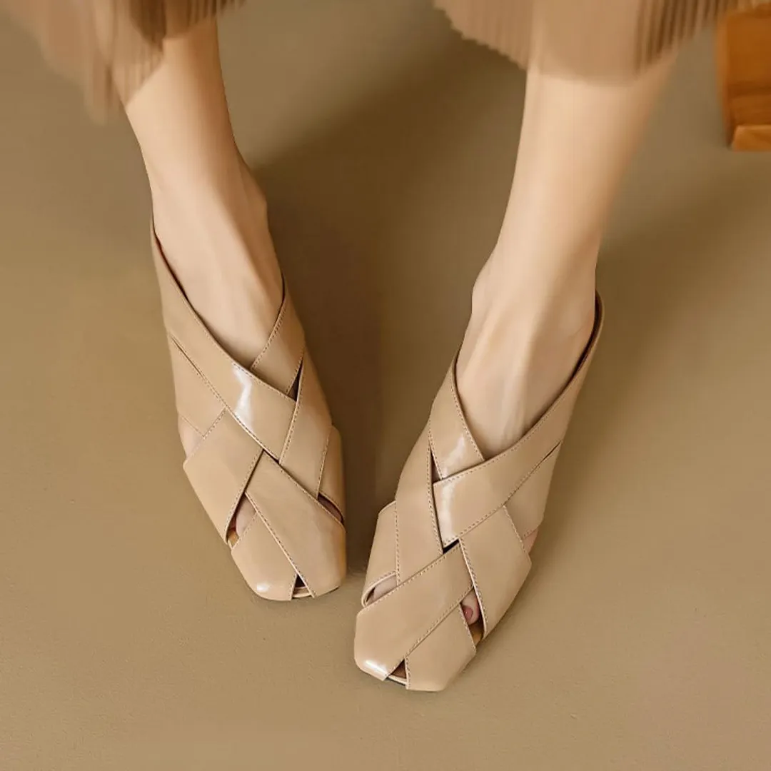 Nude Vegan Leather Square Toe Woven Flat Casual Mules for Women