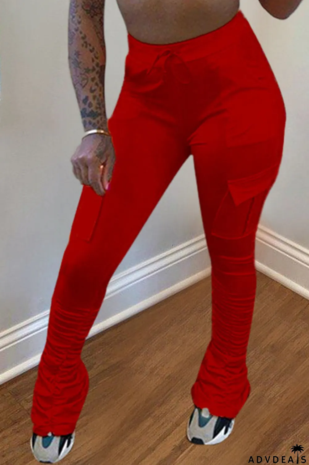 Orange Drawstring High Solid Pocket Draped Boot Cut Pants Bottoms