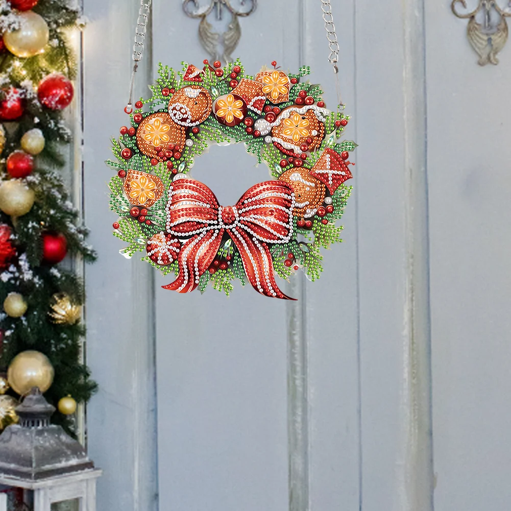 DIY Christmas Wreath Acrylic Special Shaped+Round Diamond Painting Wreath Ornament for Xmas Wall Decor