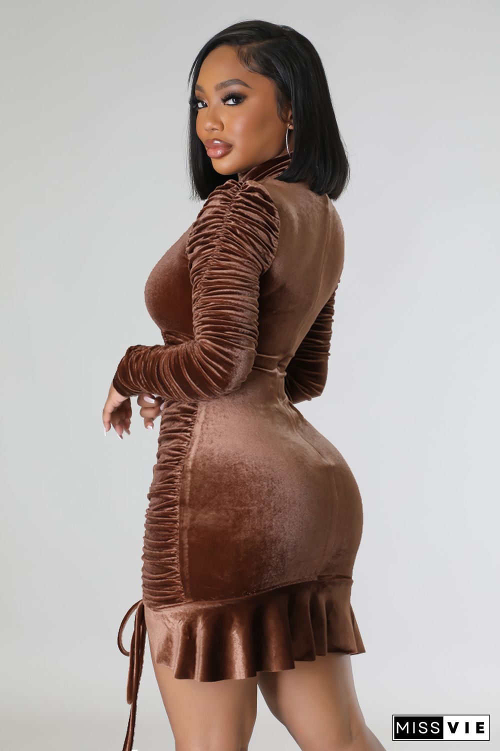 Long Sleeve Drawstring Ruched Winter Dress