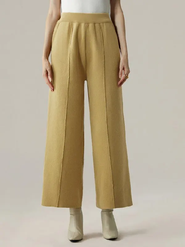 Drawstring Elasticity Pleated Solid Color Split-Joint High Waisted Loose Trousers Pants Ninth Pants Knickerbockers