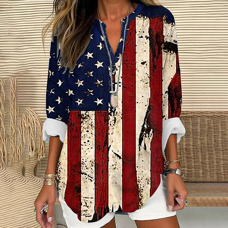 Independence Day Distressed Flag Print Casual V-Neck Blouses