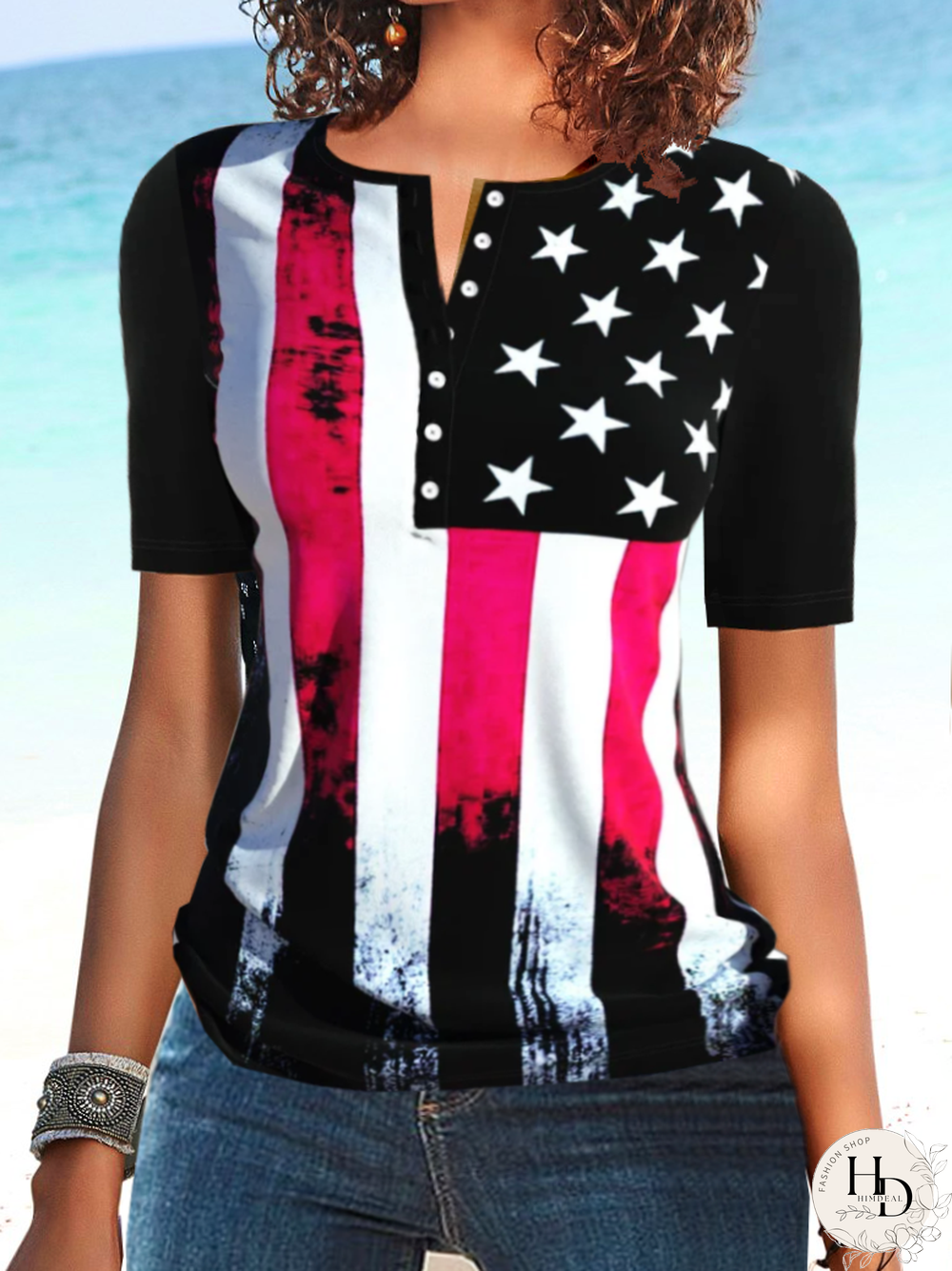 Casual Henley Printed Short Sleeve T-Shirt