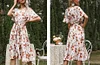Floral Round Neck Short Sleeve Pleated Butterfly Sleeve Midi A Line Vacation Dress