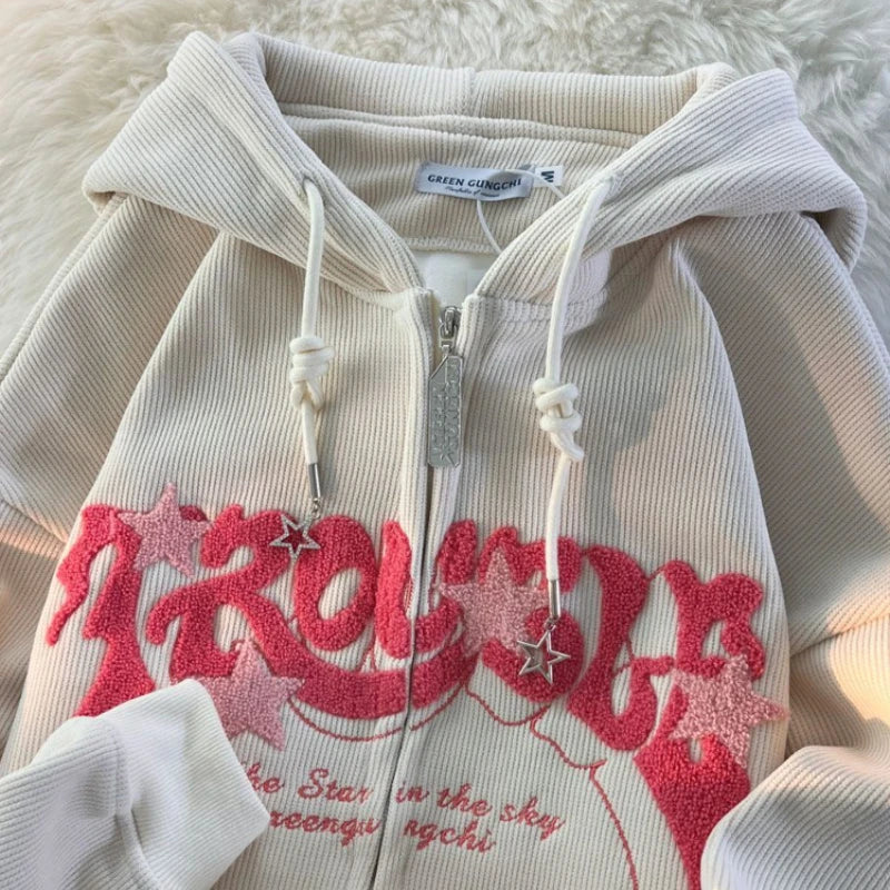 Aiertu Vintage Y2K Zip Up Hoodies Women Harajuku Letter Sweatshirts Hippie Gothic Streetwear Loose Casual Patchwork Top Coats Aiertu