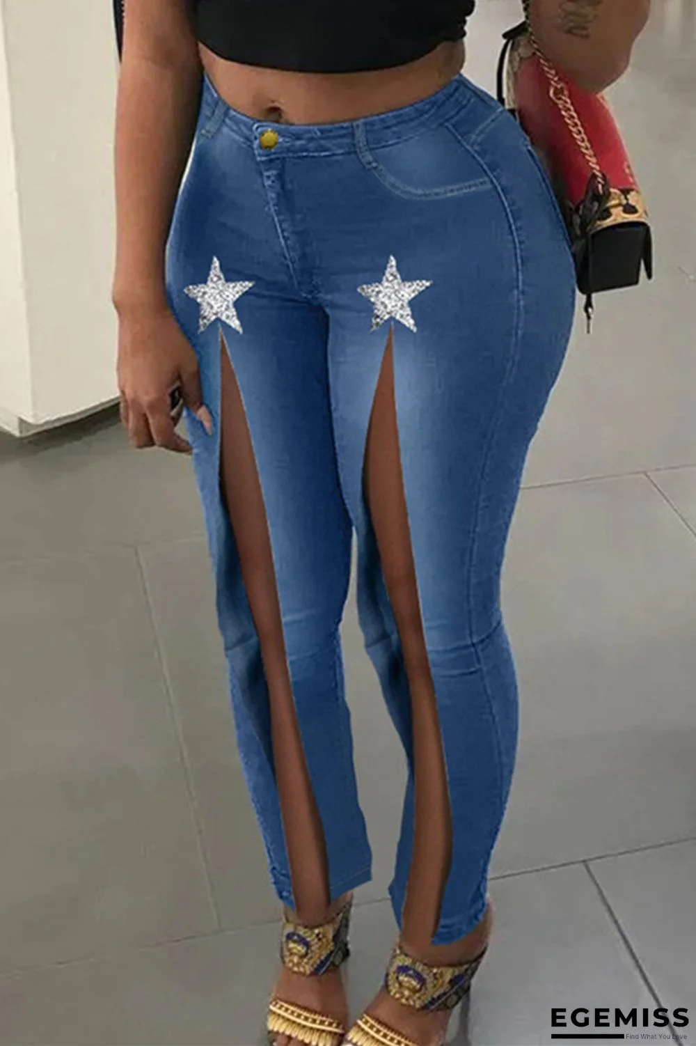 Medium Blue Fashion Casual The stars Slit High Waist Regular Denim Jeans | EGEMISS
