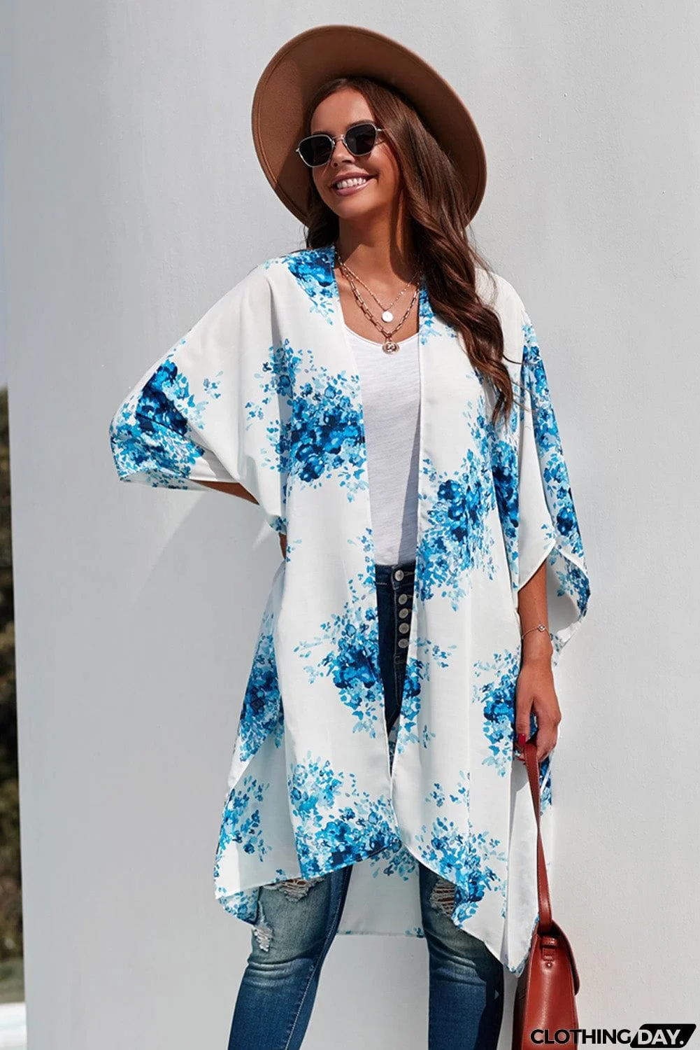 Floral Kimono Sleeves Chiffon Loose Beach Cover Up