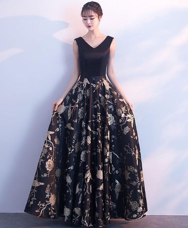 Black V Neck Floral Pattern Long Prom Dress, Evening Dress