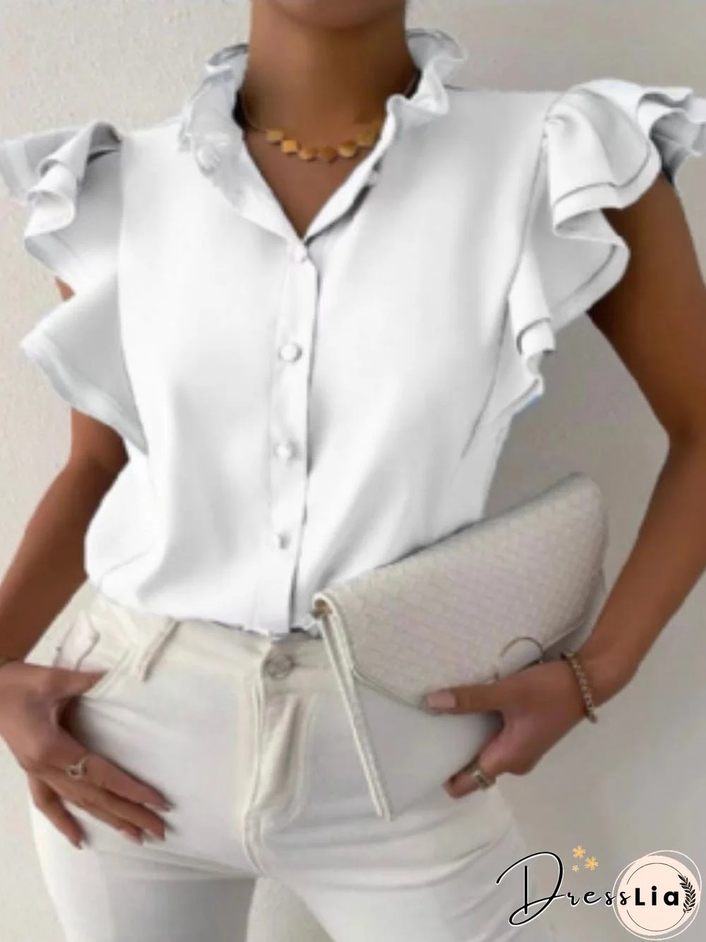 Women'S Blouses Solid Stand Collar Button Ruffle Blouse